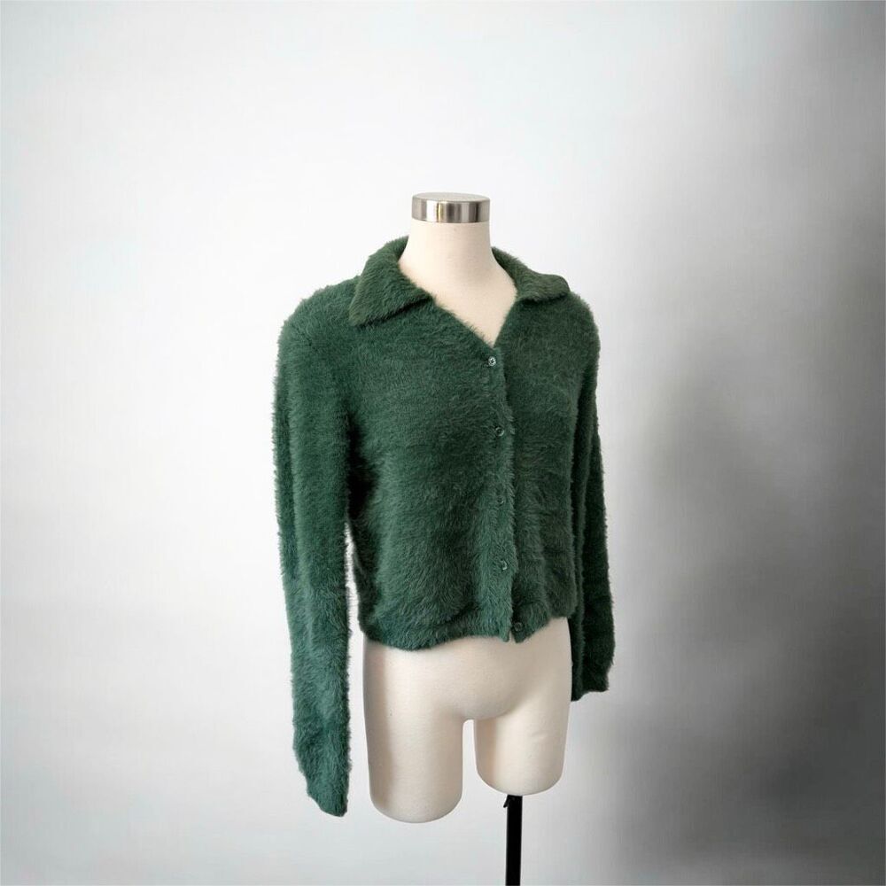 Wild Fable Green Collared Fuzzy Cardigan Sweater Medium Button Down